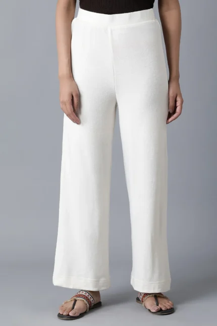 White Solid Straight Fit Palazzo With Elasticated Waistband