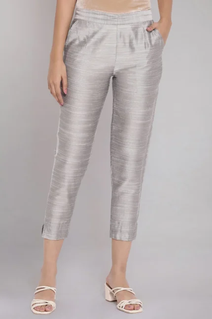 Silver Woven Trousers With Elasticated Waistband