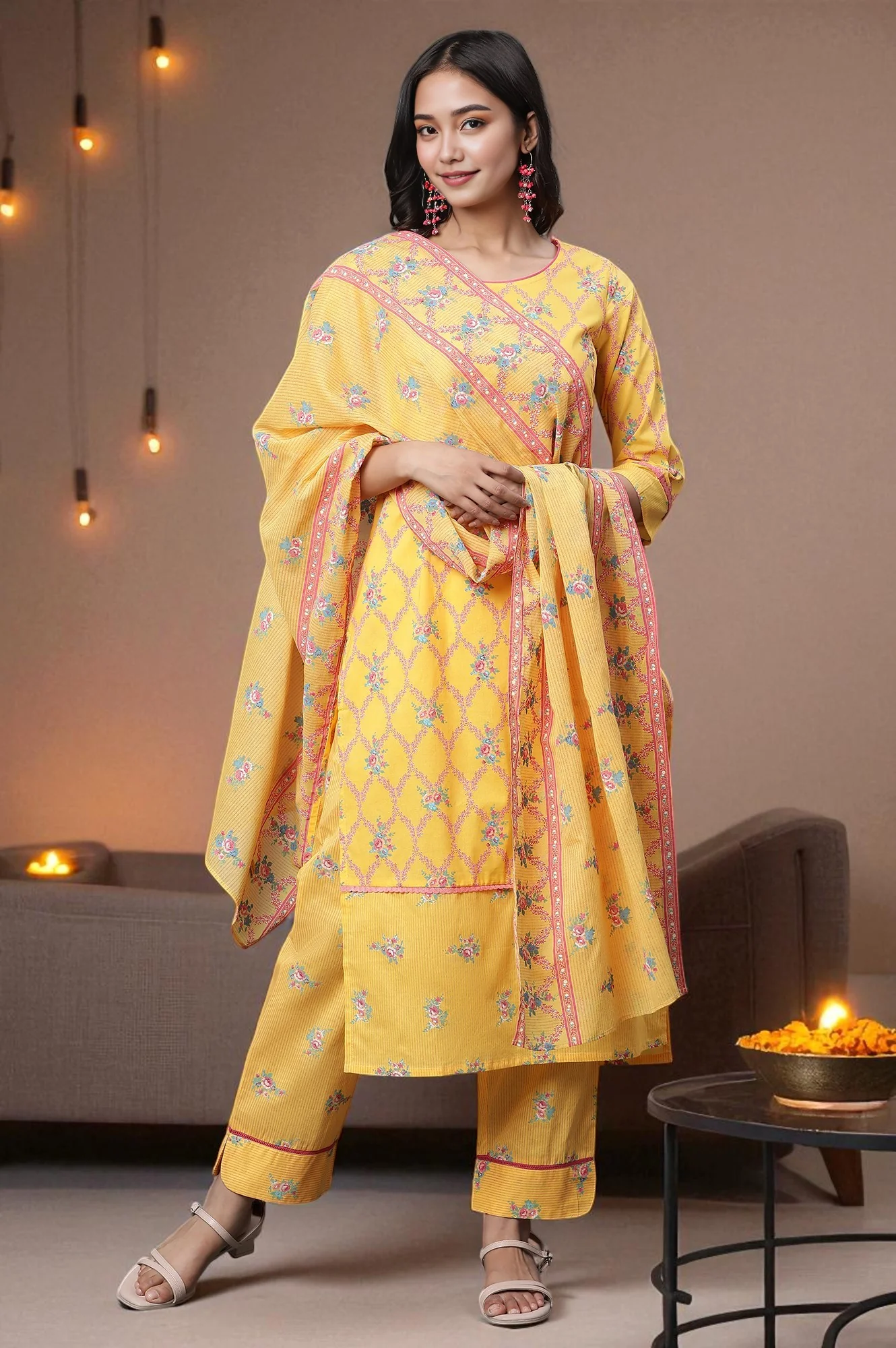 Yellow Floral Printed Cotton Dupatta