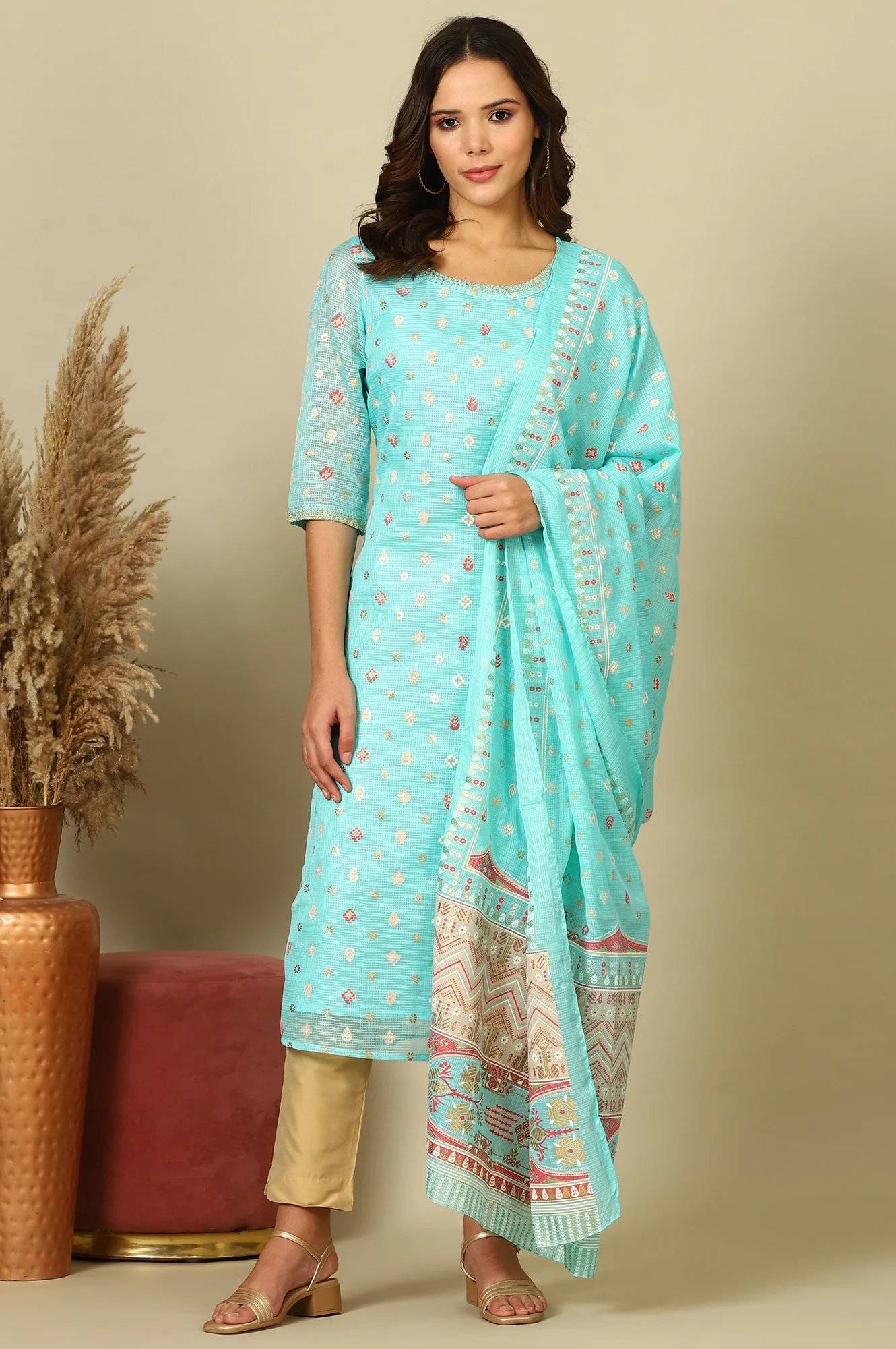 Women's Sky Blue Abstract Printed Kota Dupatta