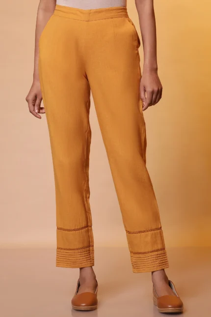 Mustard Lace Insert Pintuck Trousers
