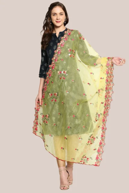Organza Dupatta with Multicolor Floral Embroidery