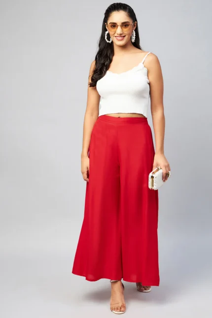Viscose Rayon Solid Red Handloom Palazzo
