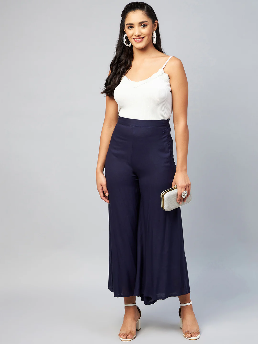 Viscose Rayon Solid Navy Blue Handloom Palazzo - Image 3