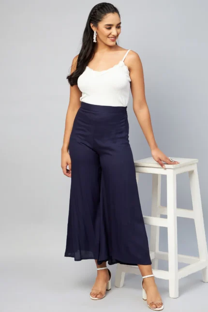 Viscose Rayon Solid Navy Blue Handloom Palazzo