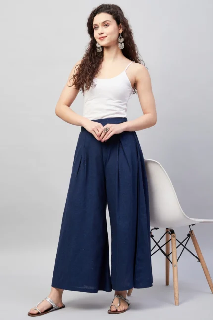 Navy Blue Smart Casual Handloom Palazzo