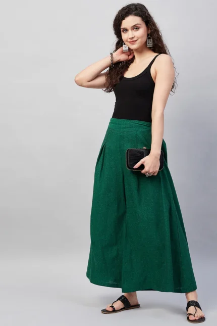 Bottle Green Smart Casual Handloom Palazzo