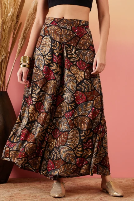 Rayon Black Grey Leaf Print Foil Palazzo