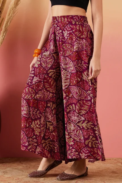 Wine Maroon Printed Leaf Print Foil Palazzo