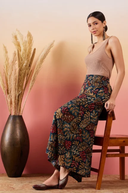 Teal Maroon Printed Leaf Print Foil Palazzo