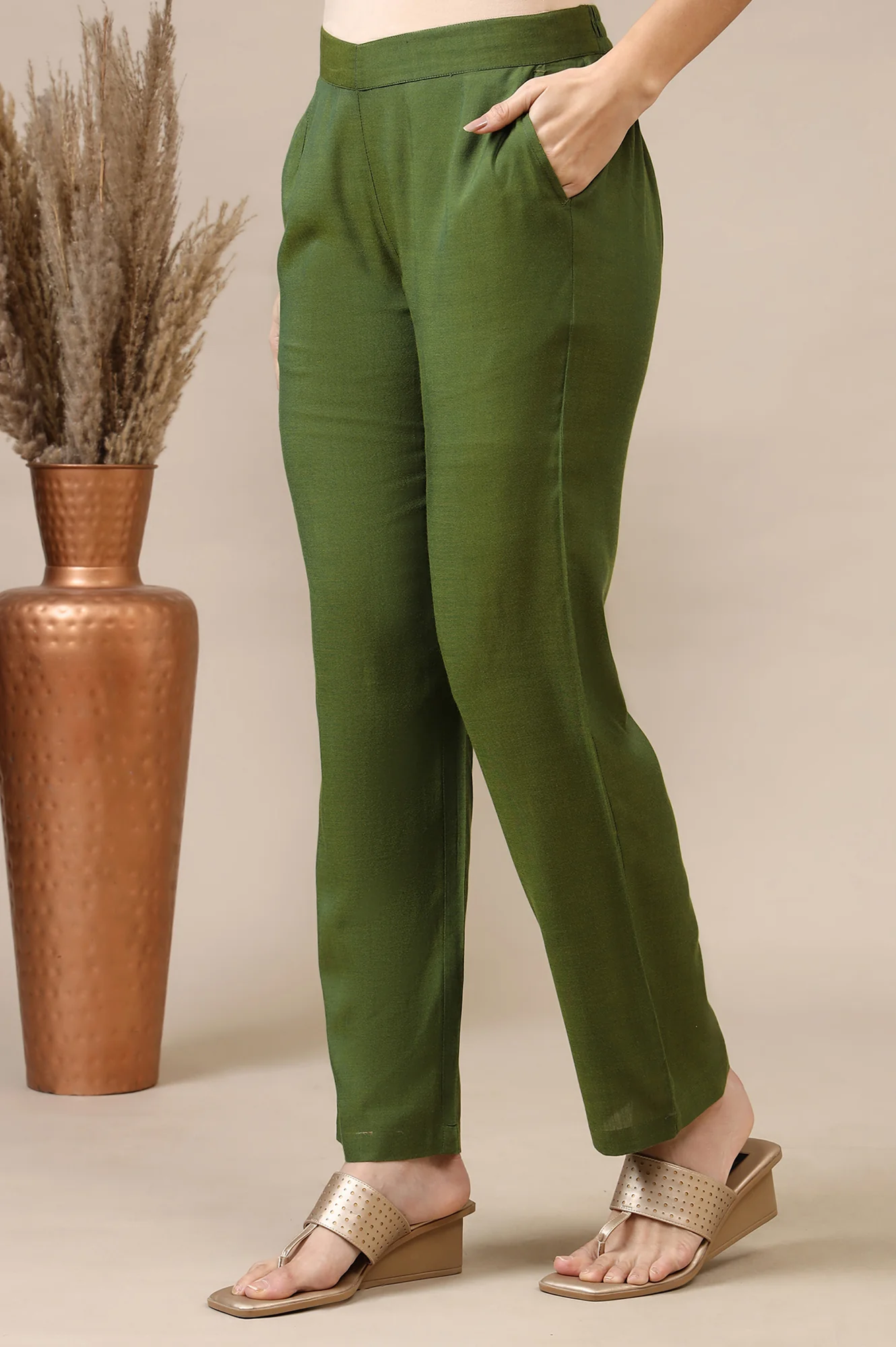 Green Solid Modal Rayon Ankle Length Palazzos - Image 3