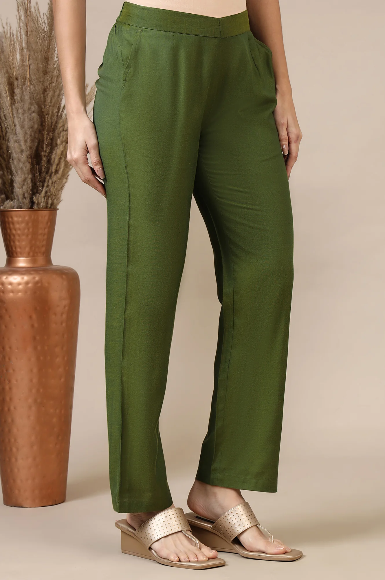Green Solid Modal Rayon Ankle Length Palazzos - Image 5