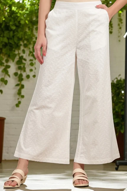 White Schiffli Embroidered Pure Cotton Flared Palazzo Pants