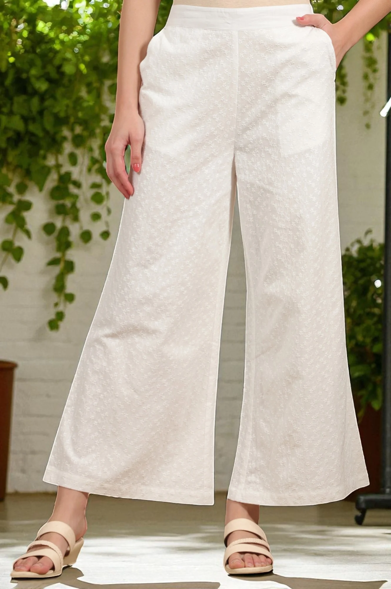 White Schiffli Embroidered Pure Cotton Flared Palazzo Pants