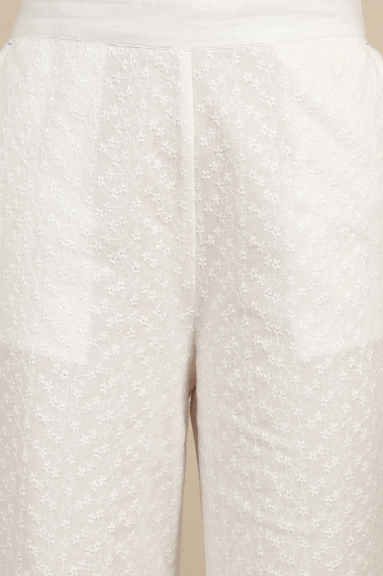 White Schiffli Embroidered Pure Cotton Flared Palazzo Pants - Image 6