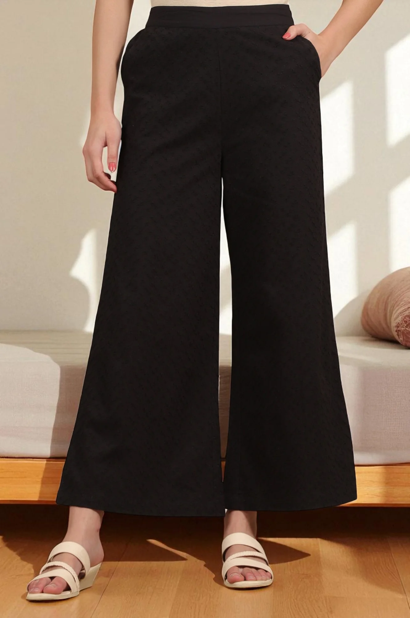Schiffli Embroidered Pure Cotton Flared Palazzo Pants