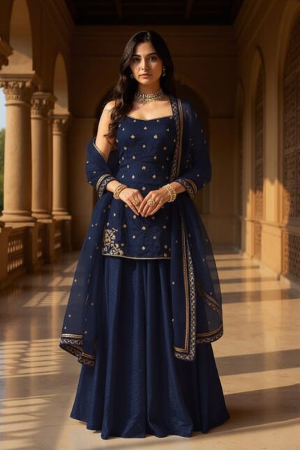 Blue Organza Sequins Moti Hand Embroidered Palazzo Suit Festive Wear