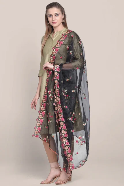Organza Dupatta with Multicolor Floral Embroidery