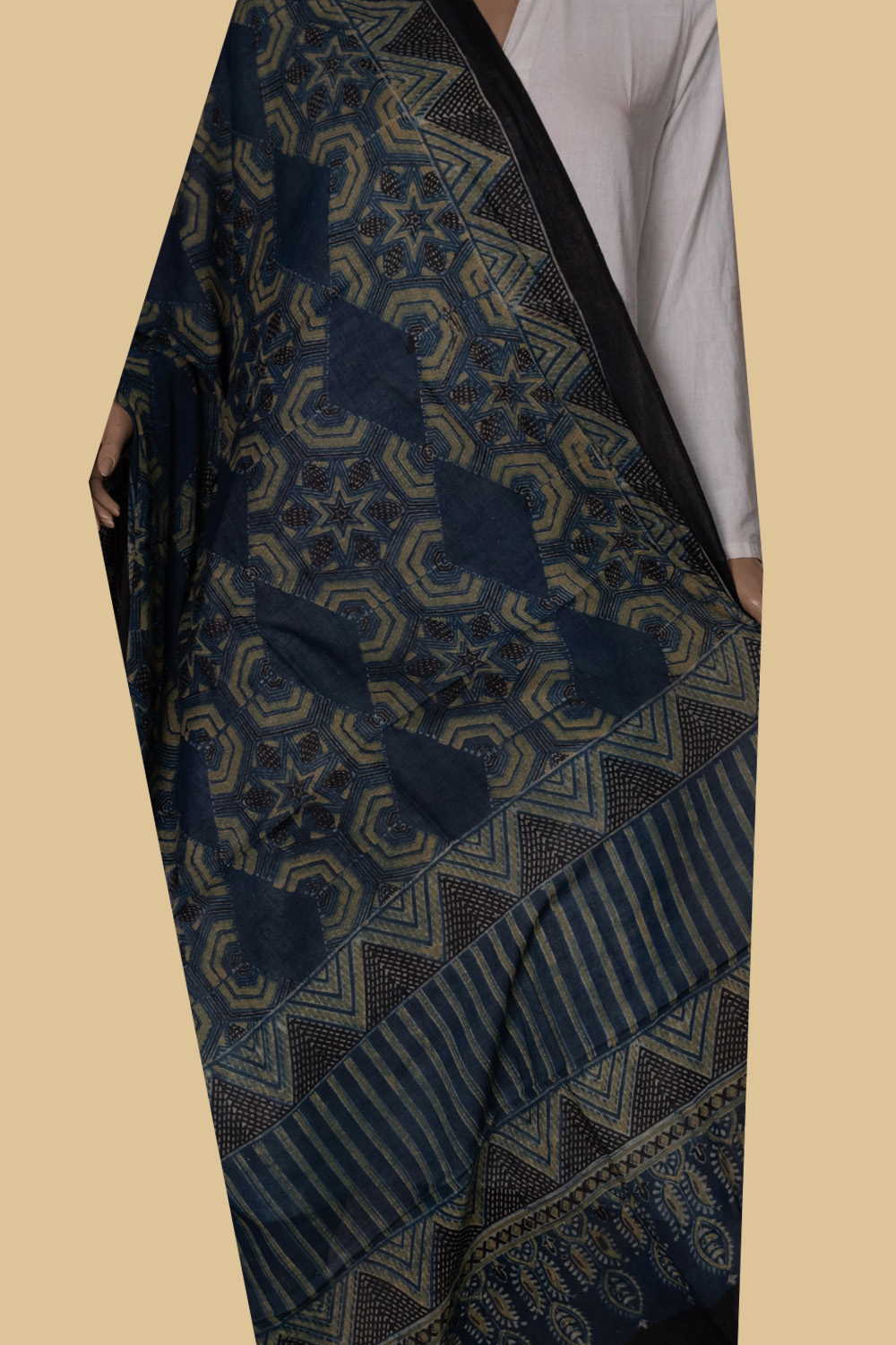 Indigo with Green Designs Ajrak Mul Cotton Dupatta