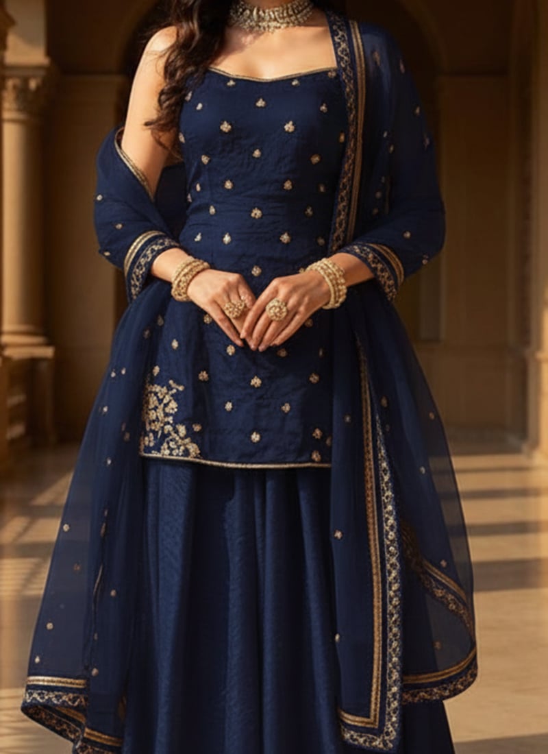 Blue Organza Sequins Moti Hand Embroidered Palazzo Suit Festive Wear - Image 3