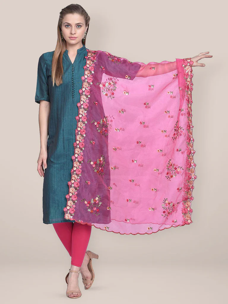 Organza Dupatta with Multicolor Floral Embroidery - Image 4