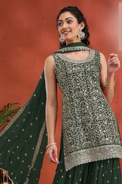 Green Georgette Embroidered Sequin Palazzo Set Festive Wear