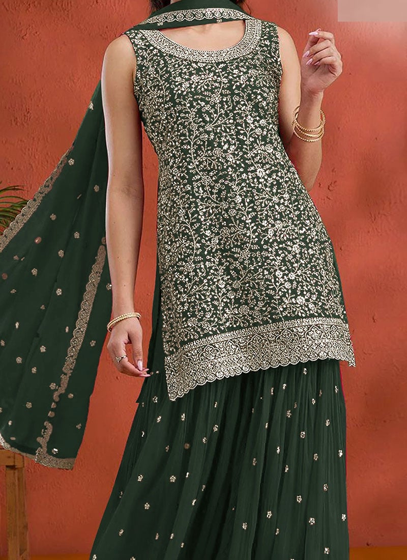 Green Georgette Embroidered Sequin Palazzo Set Festive Wear - Image 3