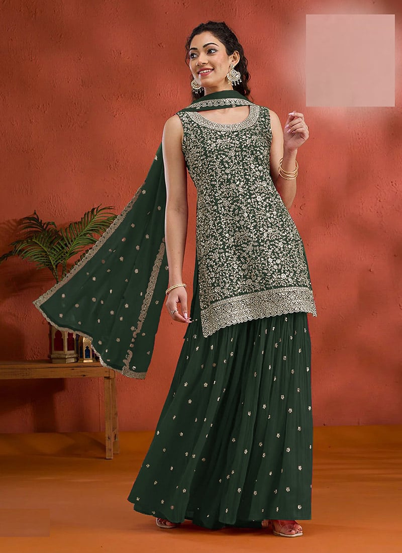 Green Georgette Embroidered Sequin Palazzo Set Festive Wear - Image 4