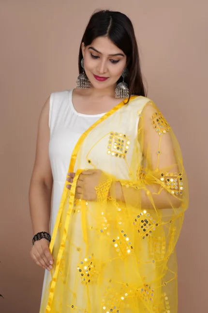 Indian Bollywood Solid Designer Net Sequence Dupatta, Scarf, Shawl, Chunni Latest Wedding Women Dupatta with Matching Lace, Gift for Her