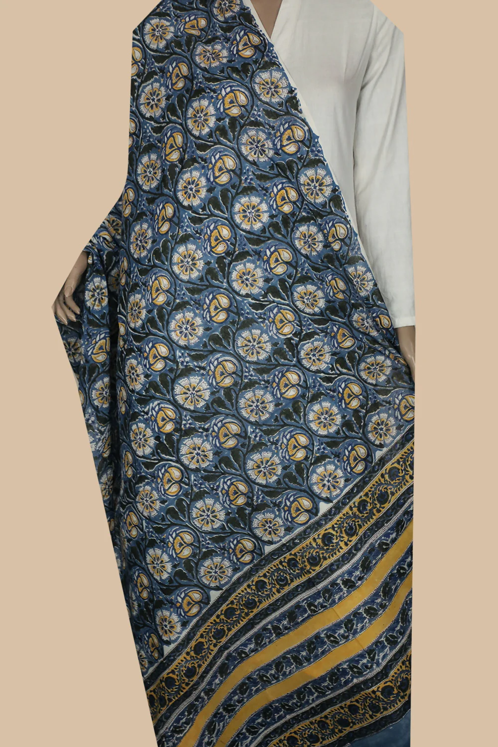 Deep Blue with Florals Block Printed Mul Cotton Dupatta