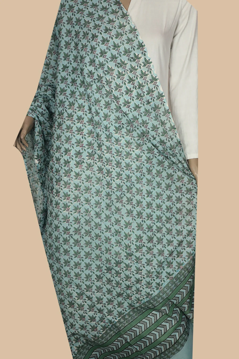 Green Florets on Blue Block Printed Mul Cotton Dupatta