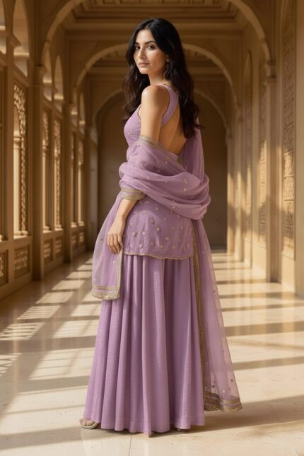 Lavender Organza Sequins Moti Hand Embroidered Palazzo Suit Festive Wear