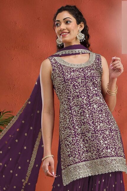 Purple Georgette Embroidered Sequin Palazzo Set Festive Wear