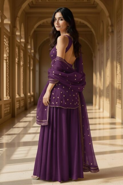 Purple Organza Sequins Moti Hand Embroidered Palazzo Suit Festive Wear