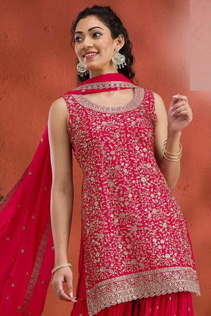 Red Georgette Embroidered Sequin Palazzo Set Festive Wear