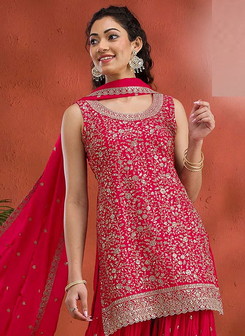 Red Georgette Embroidered Sequin Palazzo Set Festive Wear