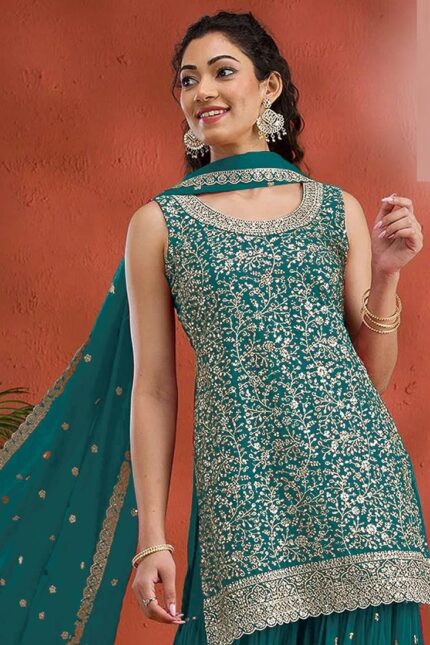 Teal Georgette Embroidered Sequin Palazzo Set Festive Wear