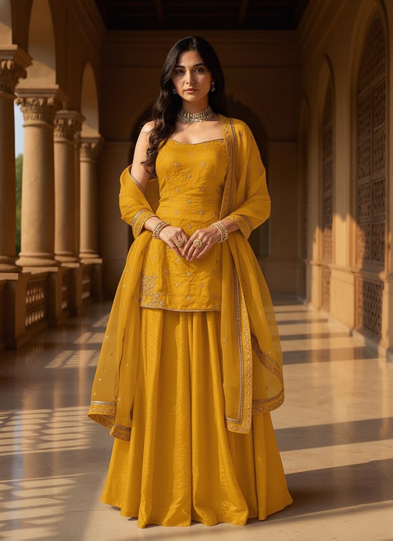 Yellow Organza Sequins Moti Hand Embroidered Palazzo Suit Festive Wear - Image 4