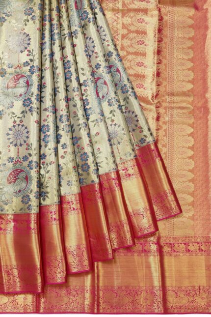 Gold Kanchipuram Silk Saree with Mayil Motifs and Pink Pallu