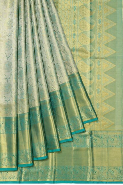 Gold Kanchipuram Silk Saree with Floral Design and Sea Green Border