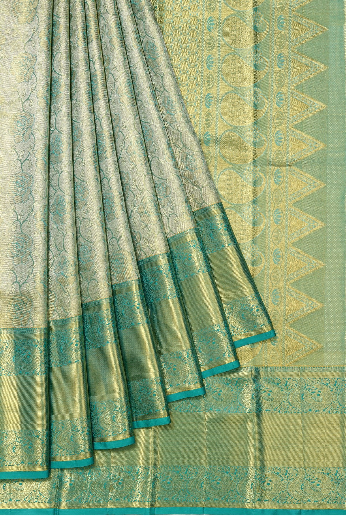 Gold Kanchipuram Silk Saree with Floral Design and Sea Green Border