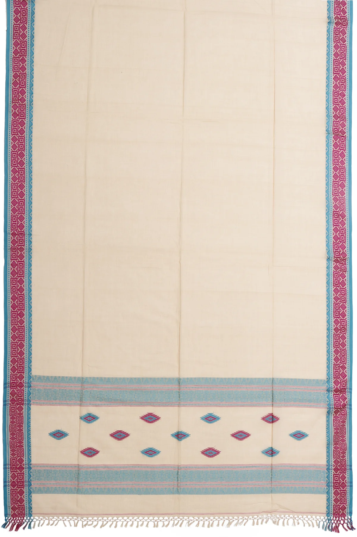 Plain Beige Bengal Cotton Saree with Sea Blue Border - Image 5