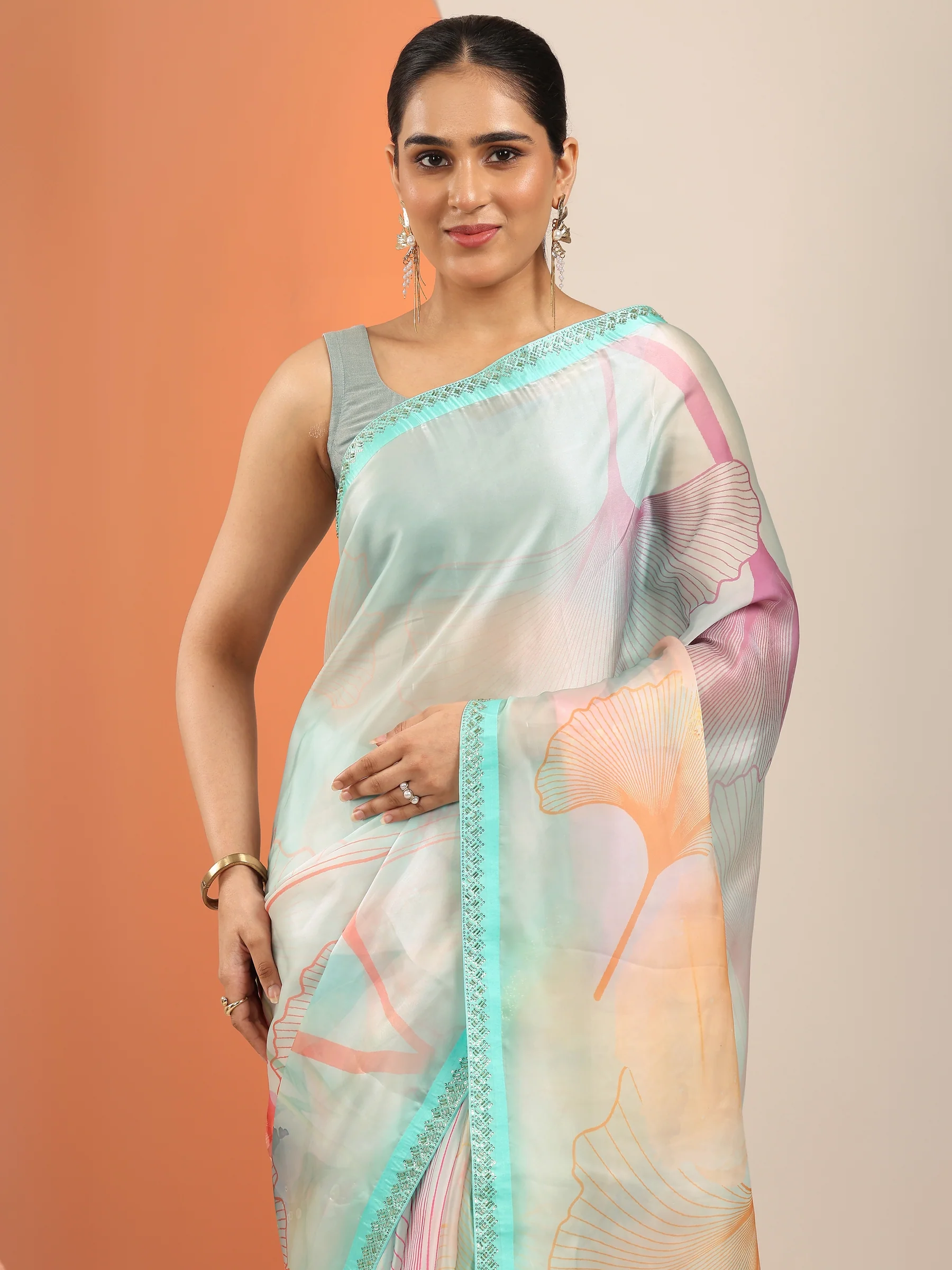 Multi Printed Organza Saree With Unstitched Blouse Piece - Image 6