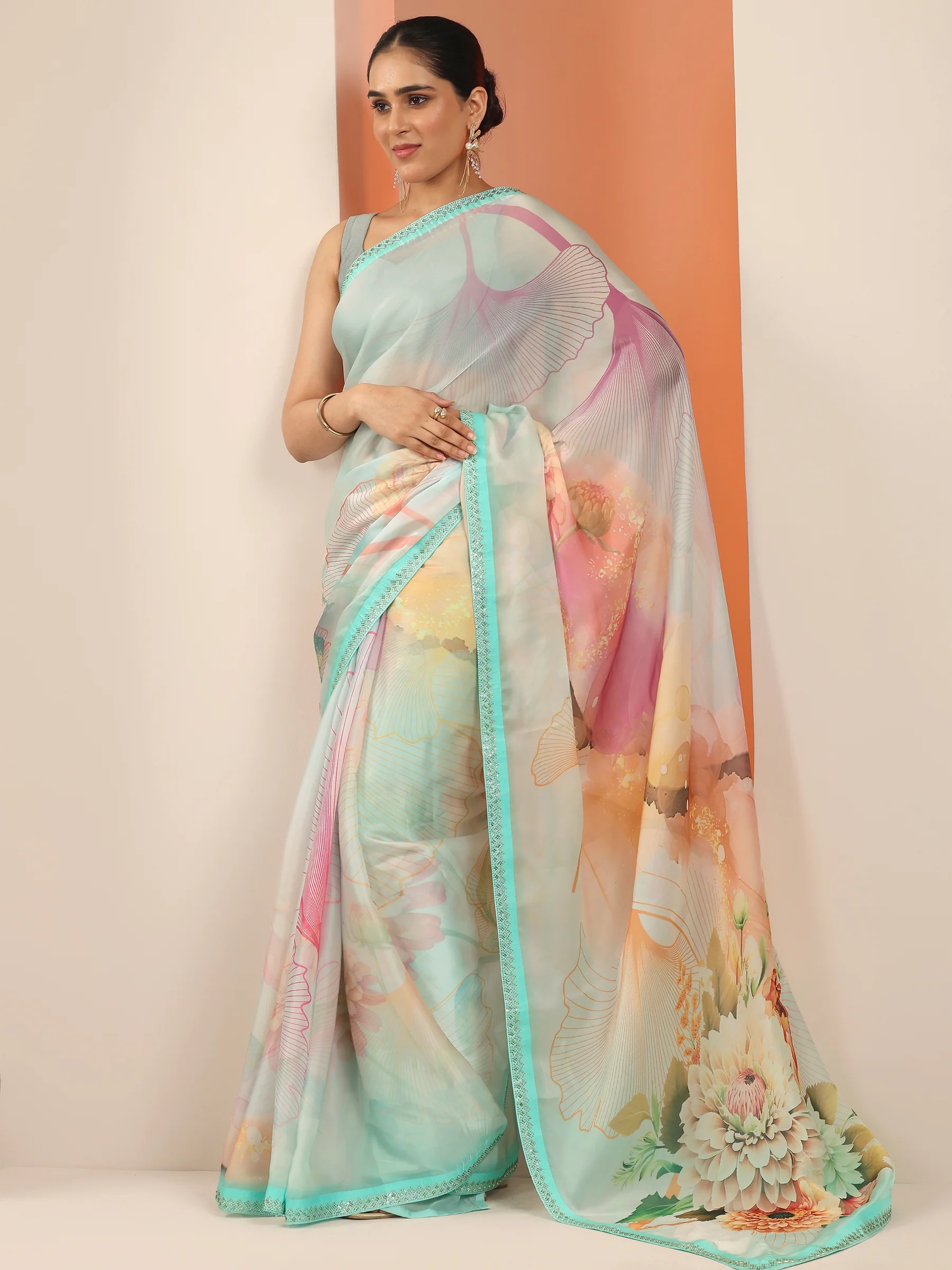 Multi Printed Organza Saree With Unstitched Blouse Piece - Image 8