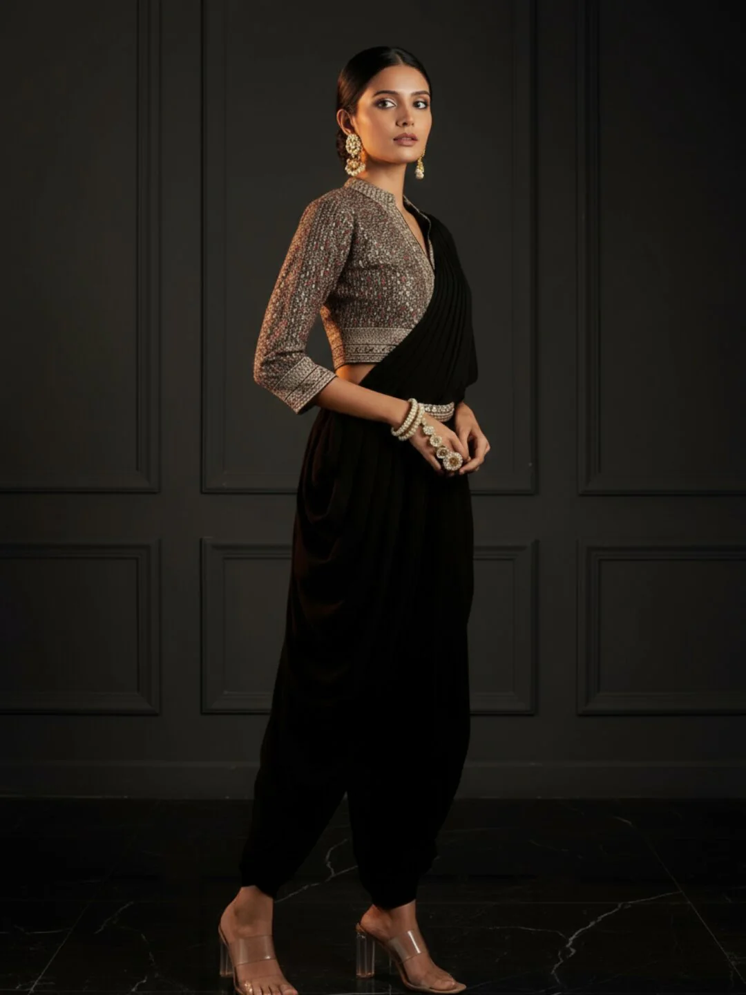 Art Black Embroidered Georgette Dhoti Saree - Image 3