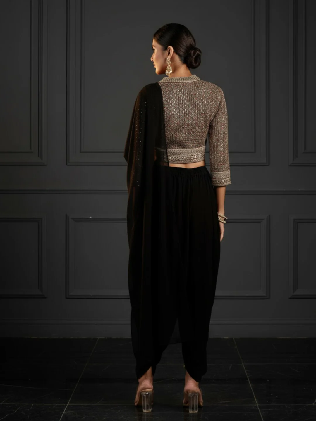 Art Black Embroidered Georgette Dhoti Saree - Image 4