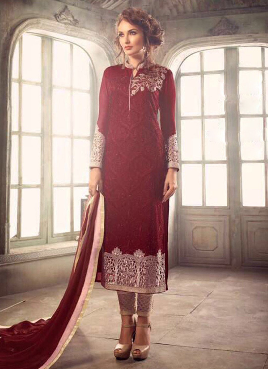 Maroon Georgette Pant Style Suit GLAMOUR