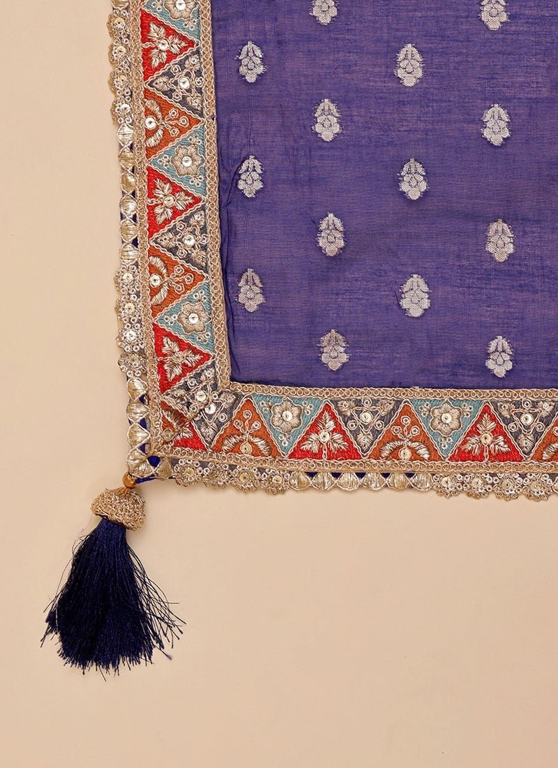 Blue Viscose Chanderi Silk Embroidered N Zari Work Saree Party Wear - Image 8