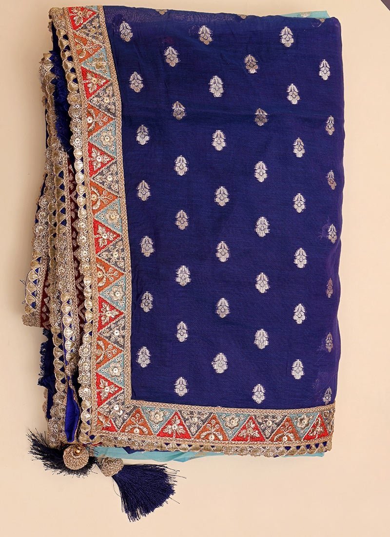 Blue Viscose Chanderi Silk Embroidered N Zari Work Saree Party Wear - Image 9