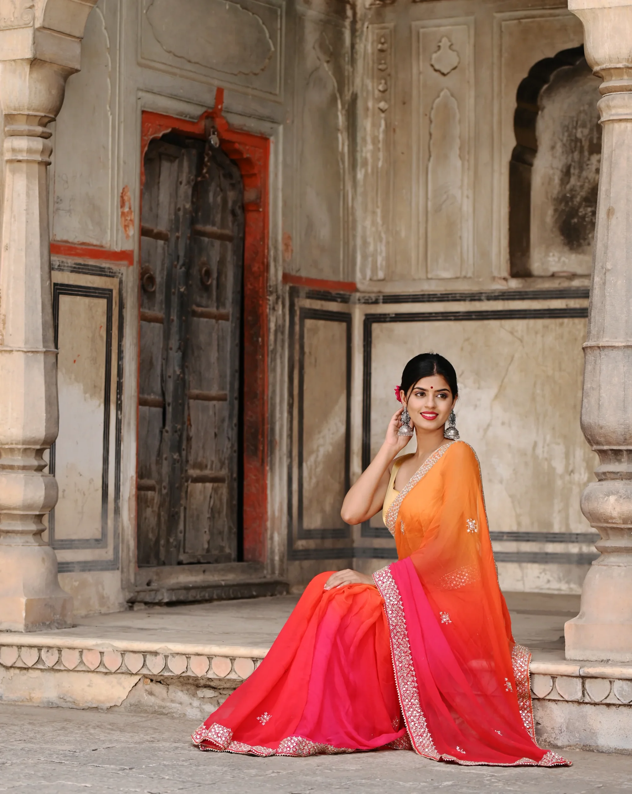 Orange Multiheaded Beauty Pageant Chiffon Saree - Image 3